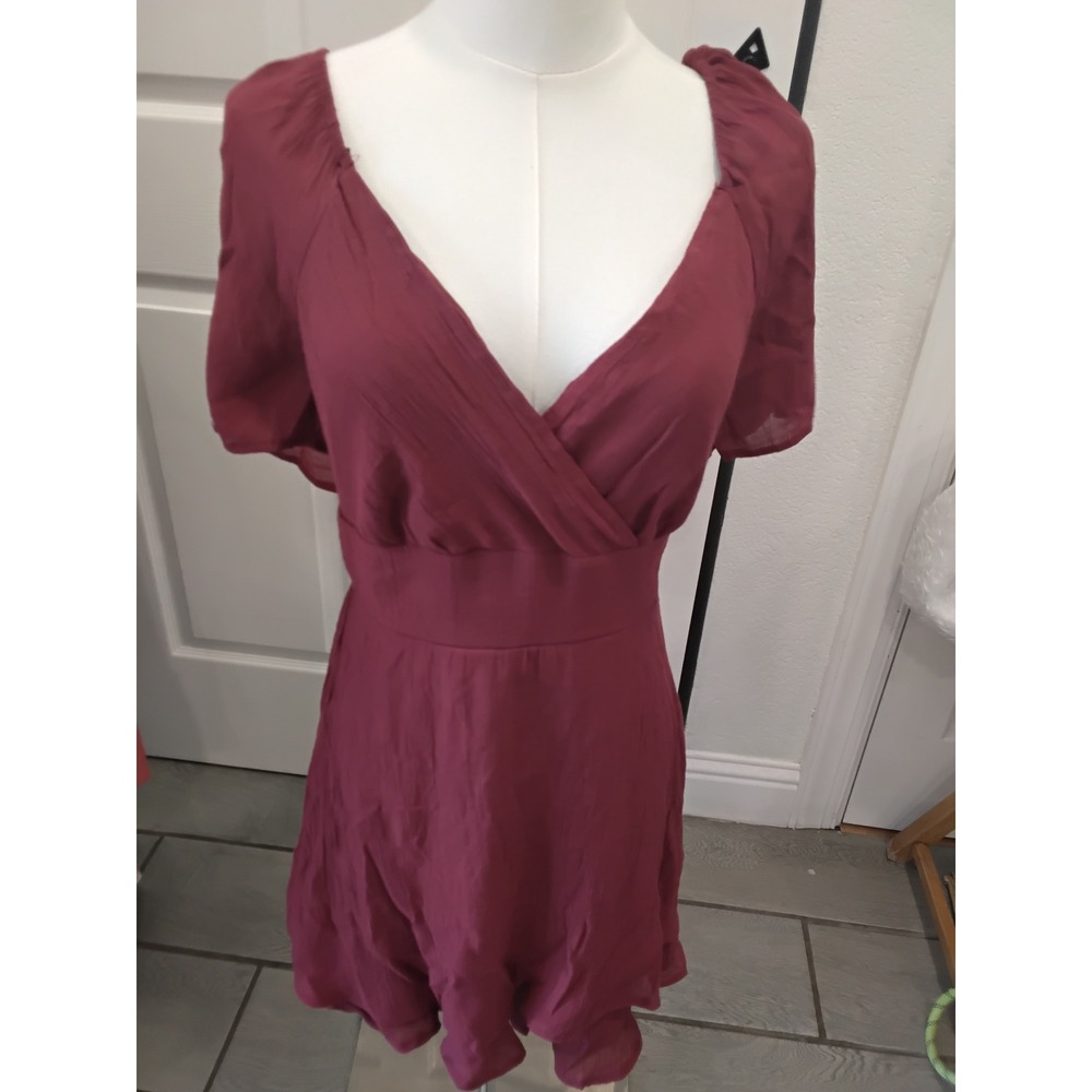 As U Wish Burgundy Surplice‎ V-Neck Smocked Back Mini Dress Wine Red Large